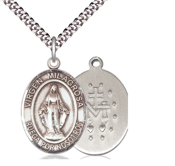 Virgen Milagrosa Spanish Medal, Sterling Silver, 3/4" Oval, Your Choice of Chain, # 8193