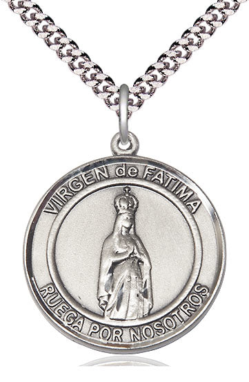 Virgen de Fatima Spanish Medal, Sterling Silver, 1" Round, Your Choice of Chain, # 8213