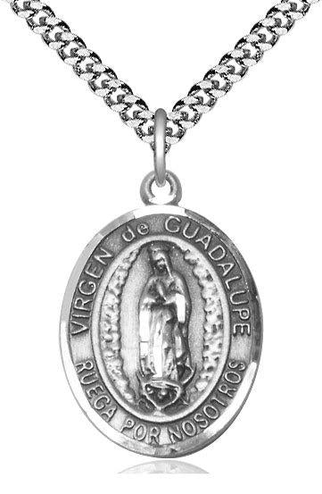 Virgen de Guadalupe Spanish Medal, Sterling Silver, 3/4" Oval, Your Choice of Chain, # 8214
