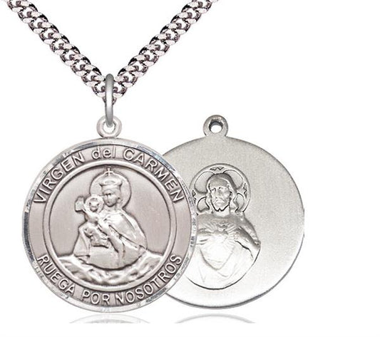 irgen del Carmen Spanish Medal, Sterling Silver, 1" Round, Your Choice of Chain, # 8224