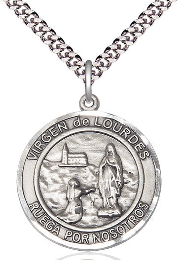 Virgen de Lourdes Spanish Medal, Sterling Silver, 3/4" Round, Your Choice of Chain, # 8235