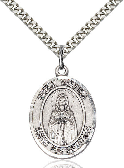 Virgen de Rosa Mistica Spanish Medal, Sterling Silver, 1" Oval, Your Choice of Chain, # 8255