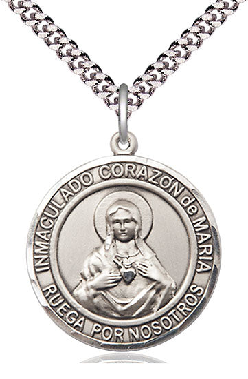 Corazon Inmaculado de Maria Spanish Medal, Fine Pewter, 1" Round, Your Choice of Chain, # 17673
