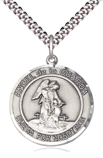Angel de la Guarda Spanish Medal, Sterling Silver, 1" Round, Your Choice of Chain, # 8266