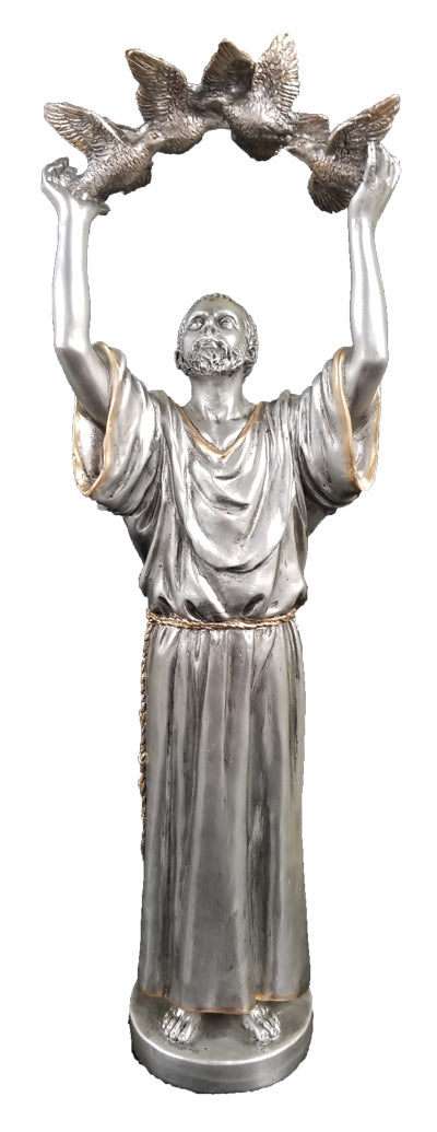 Saint Francis and Feathered Friends Statue, 11", Pewter Finish, 8277