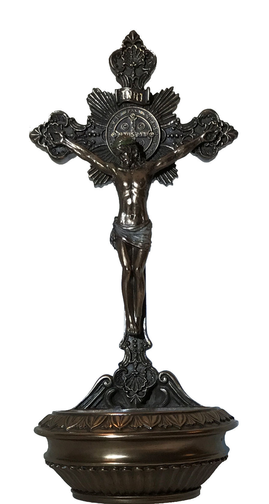 9.5" St. Benedict Crucifix Holy Water Font, Cold Cast Bronze, # 8286-sale
