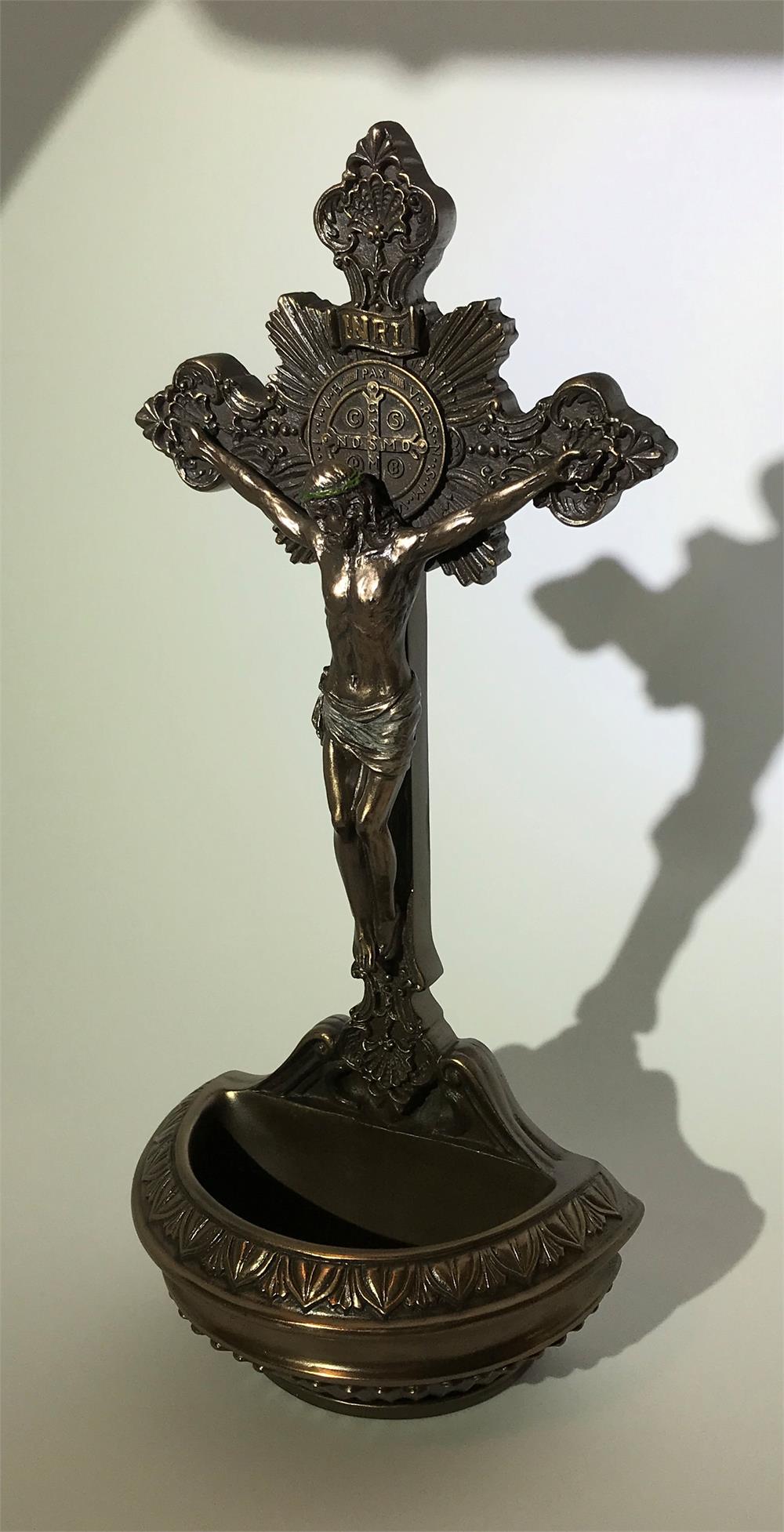 9.5" St. Benedict Crucifix Holy Water Font, Cold Cast Bronze, # 8286-sale