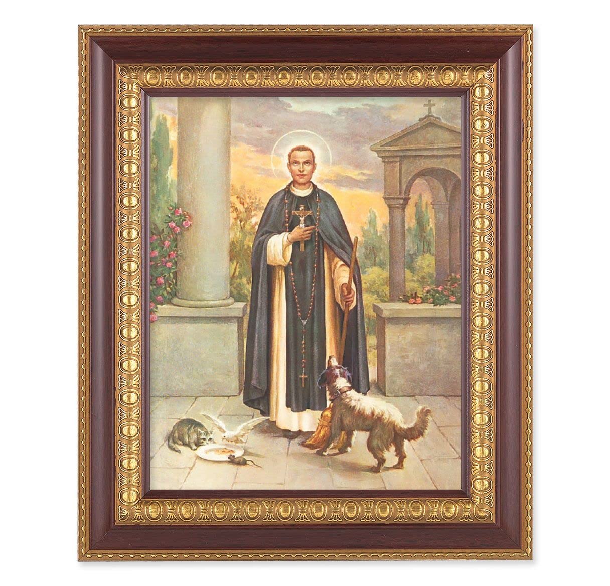 St. Martin DePorres, 11-1/2"x13-1/2, Cherry Finish with Gold Egg & Dart Frame, Italian Print Under Glass # 26085