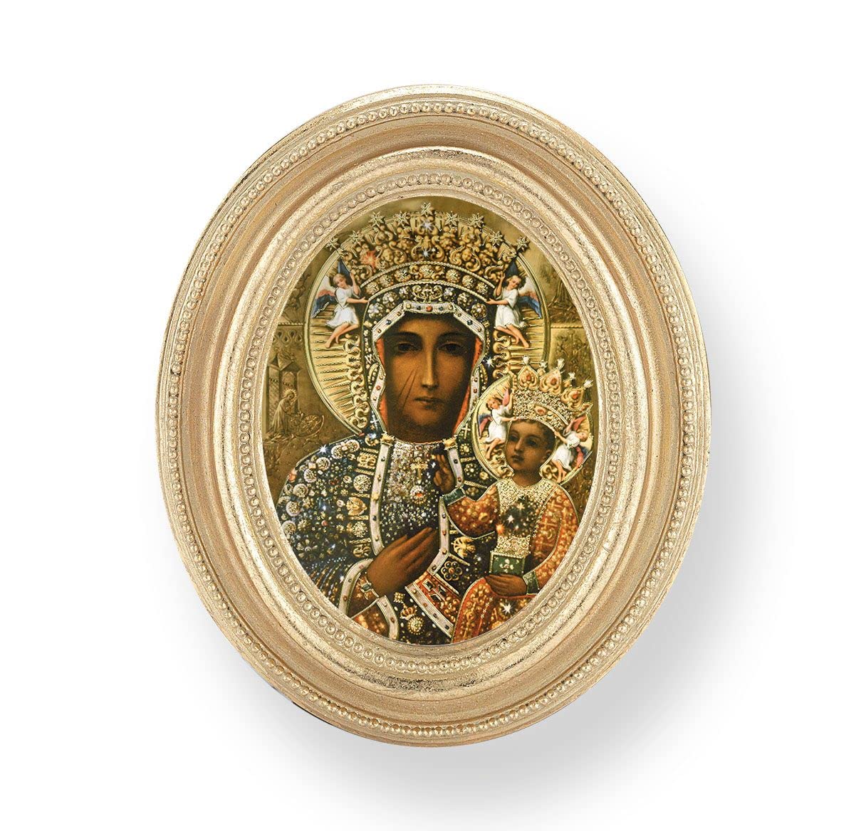 Our Lady of Czestochowa Picture, Gold Finish 3-3/4"x4-1/2 Oval Frame, Exclusive Gold Stamped Print Under Glass # 28415