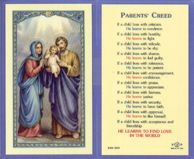 Parent's Creed Laminated Holy Card, # 59003
