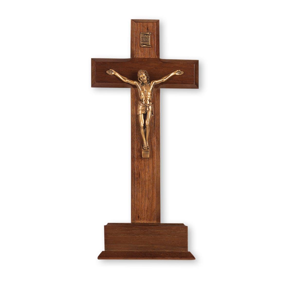 10" Standing Walnut Cross on Base with Museum Gold Plated "Salerni" Corpus, # 1336
