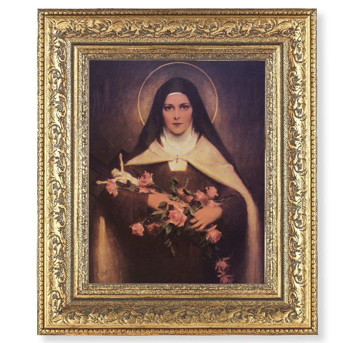 St. Therese of Lisieux Picture, 12-1/2"x14-1/2, Antique Gold Leaf Carvings Ornate Frame, Italian Print Under Glass # 25570