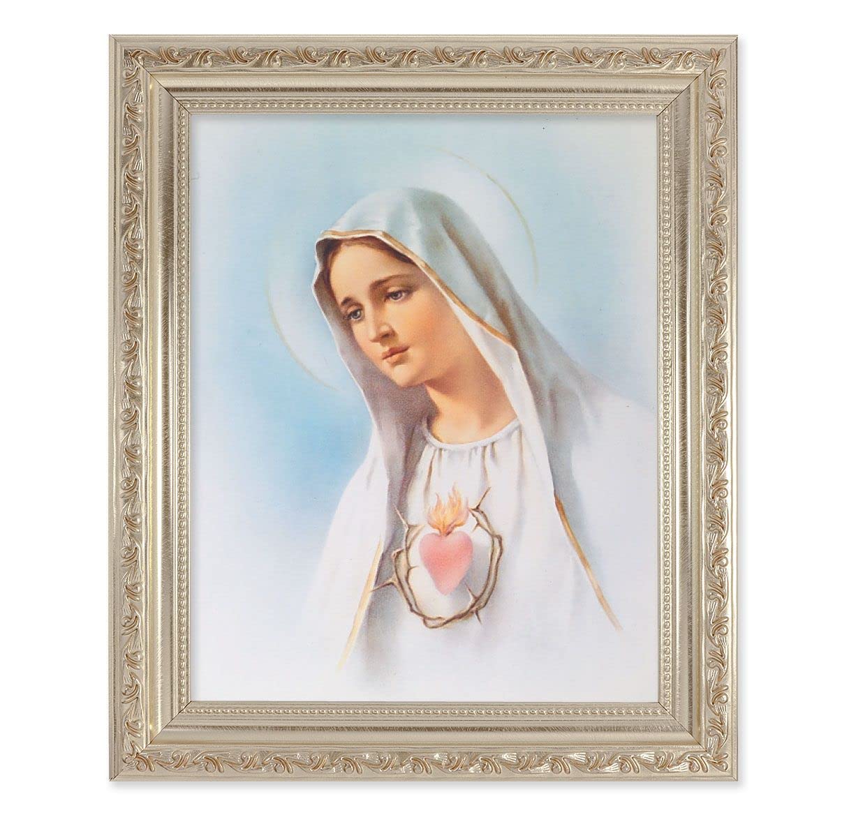 Immaculate Heart of Mary, 10"x12" Antique Silver & Carved Scrollwork Frame, Italian Print Under Glass # 26800
