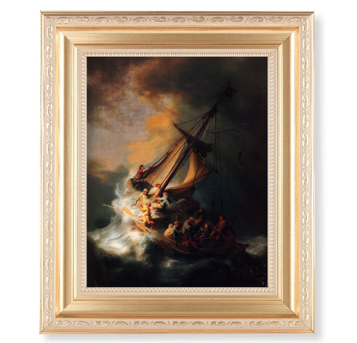 Rembrandt: The Storm of Sea of Galilee, 11.5"x13.5" Satin Gold Frame, Distressed Finish with Scrollwork, Italian Print Under Glass # 26525