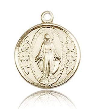 Flower Flanked Miraculous Medal 9/16" Solid 14kt Gold, Free Chain, # 8649