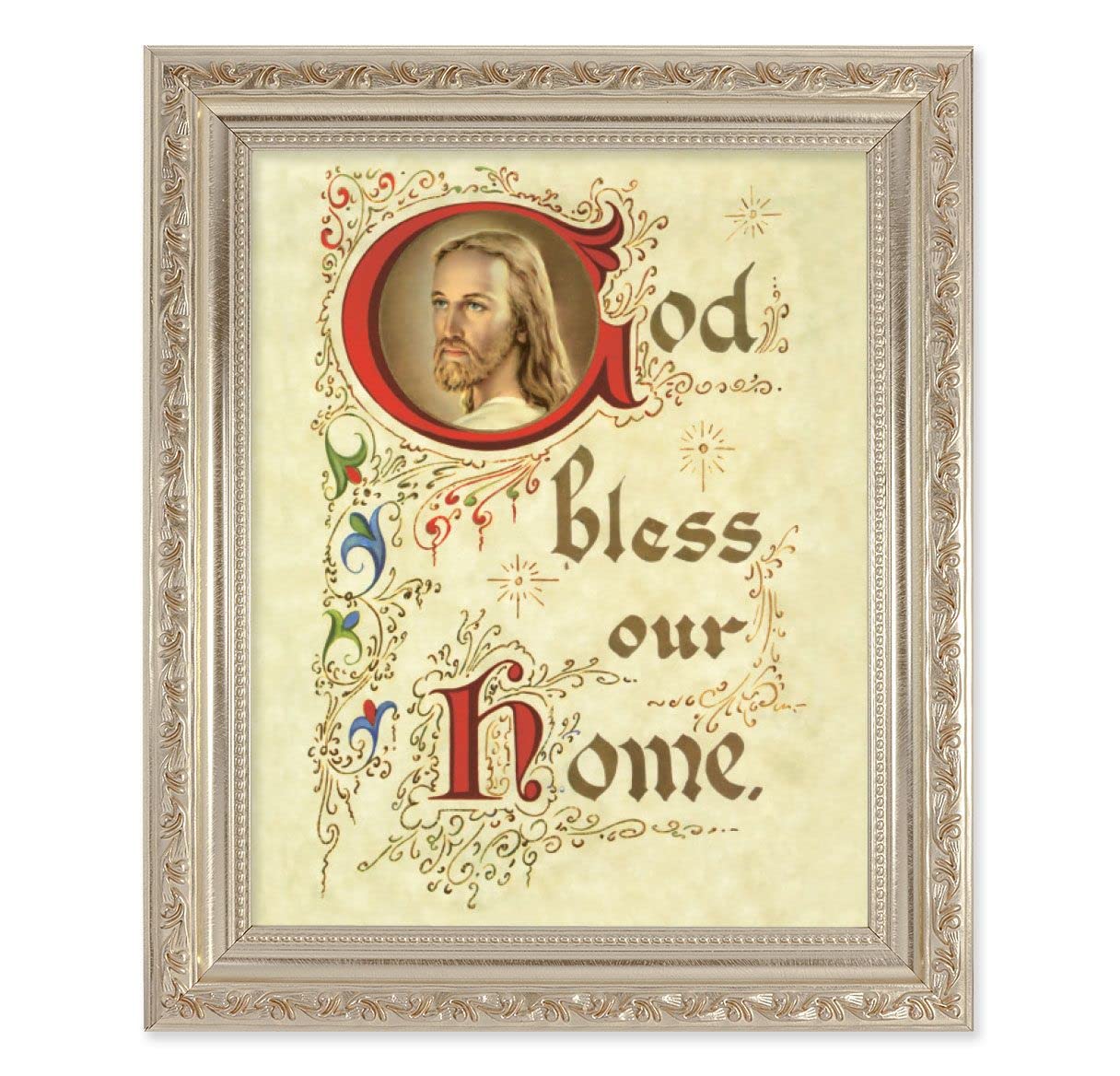 God Bless Our Home, 10"x12" Antique Silver & Carved Scrollwork Frame, Italian Print Under Glass # 26852