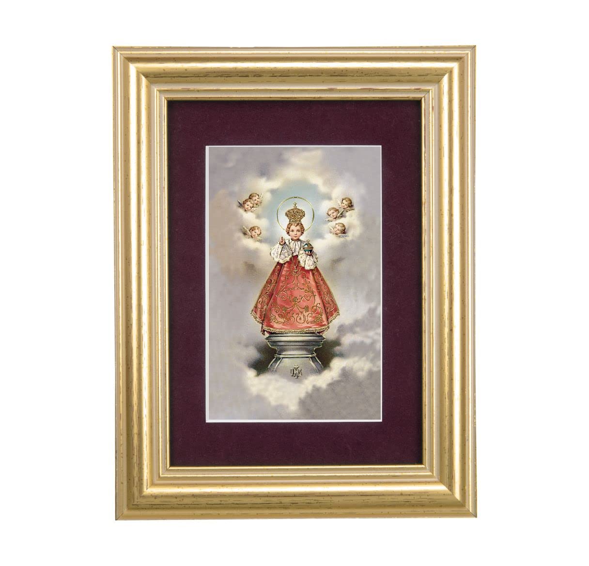 Infant of Praque with Angels Picture, 5"x6.5" Antique Gold Fluted Frame, Behind Maroon Velvet Matting # 28291