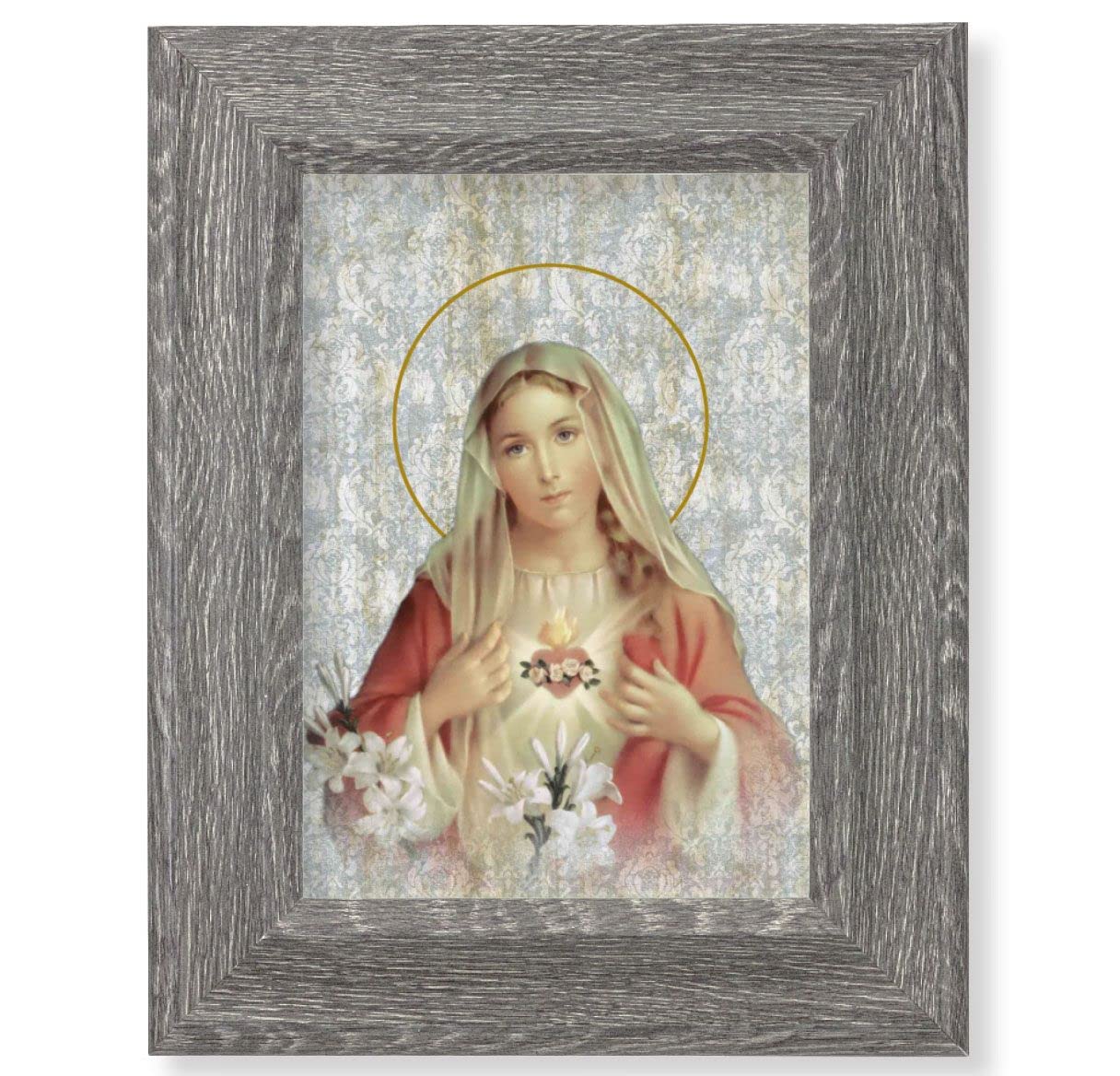 Immaculate Heart of Mary Print on Wood, 7-1/2"x9-1/2 Dark Gray Weathered Frame, Italian # 28044