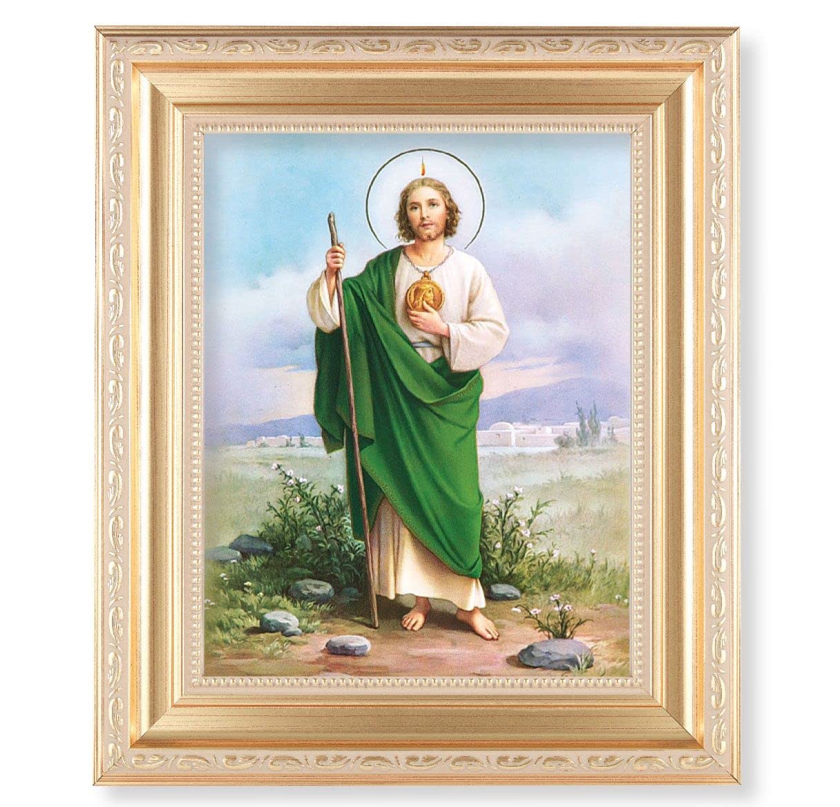 St. Jude, 11.5"x13.5" Satin Gold Frame, Distressed Finish with Scrollwork, Italian Print Under Glass # 26467