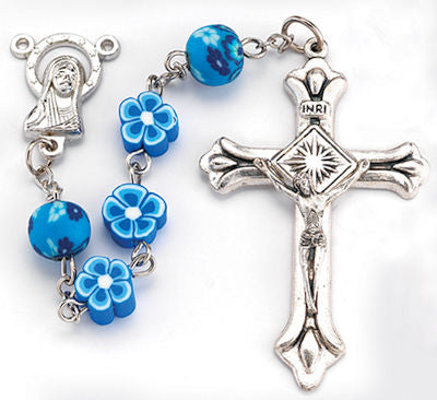 8mm Blue Floral Fimo Bead Rosary, # 89483-sale