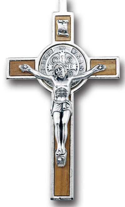 3" St. Benedict Crucifix, Nickel Plate, Wood Inlay, # 89996