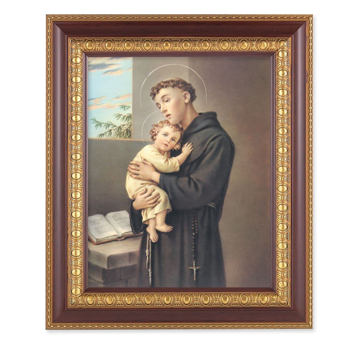 St. Anthony of Padua, 11-1/2"x13-1/2, Cherry Finish with Gold Egg & Dart Frame, Italian Print Under Glass # 26055