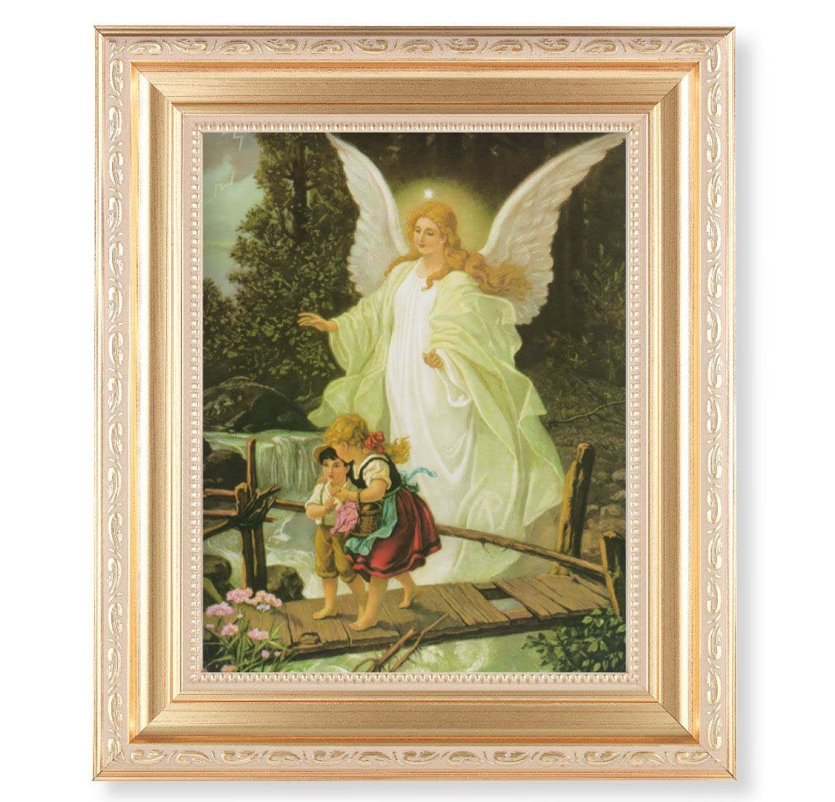 Guadian Angel with Children, 11.5"x13.5" Satin Gold Frame, Distressed Finish with Scrollwork, Italian Print Under Glass # 26499