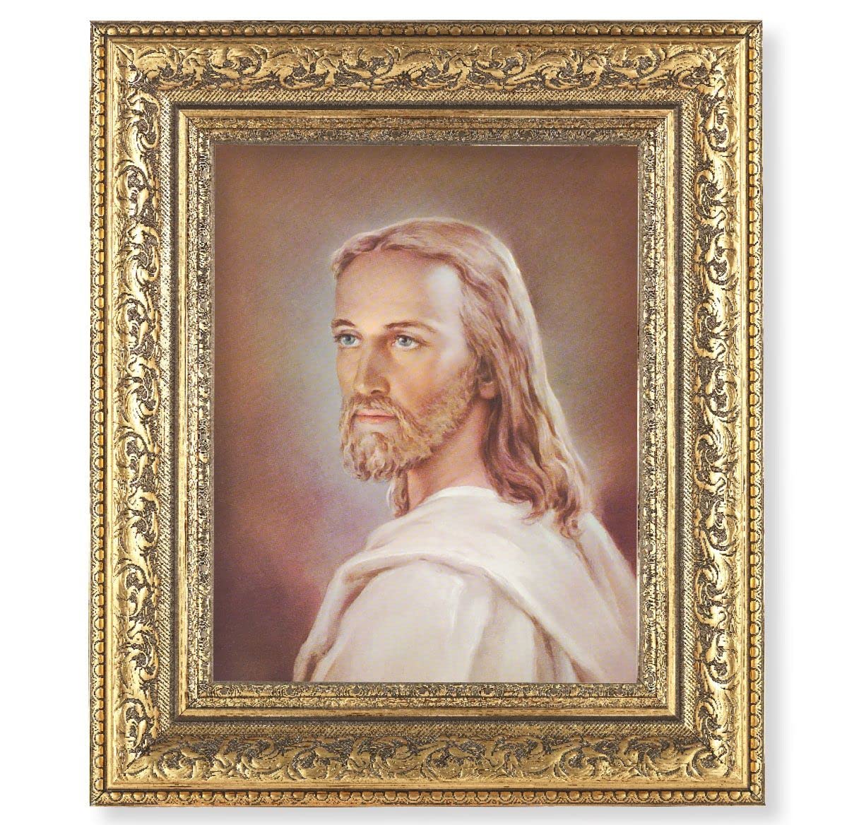 Head of Christ Picture, 12-1/2"x14-1/2, Antique Gold Leaf Carvings Ornate Frame, Italian Print Under Glass # 25441