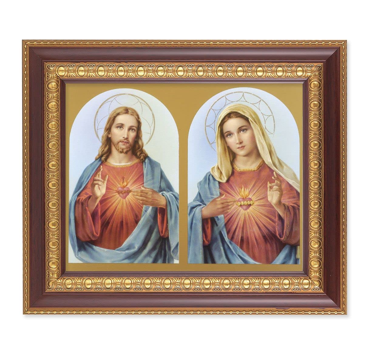The Sacred Hearts, 11-1/2"x13-1/2, Cherry Finish with Gold Egg & Dart Frame, Italian Print Under Glass # 25984