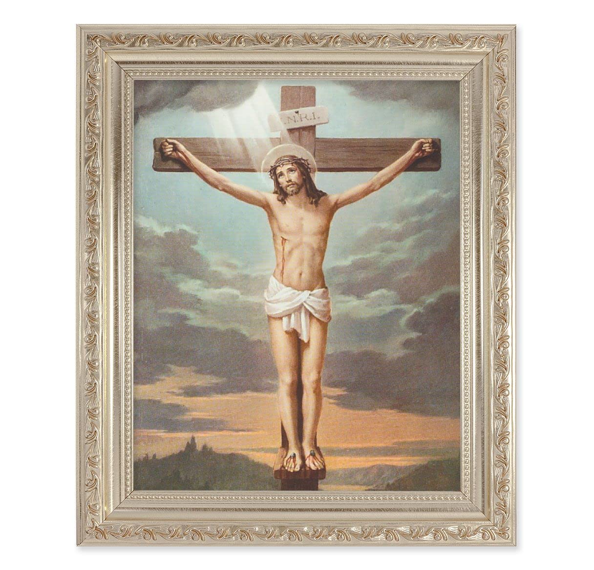 Crucifixion, 10"x12" Antique Silver & Carved Scrollwork Frame, Italian Print Under Glass # 26761