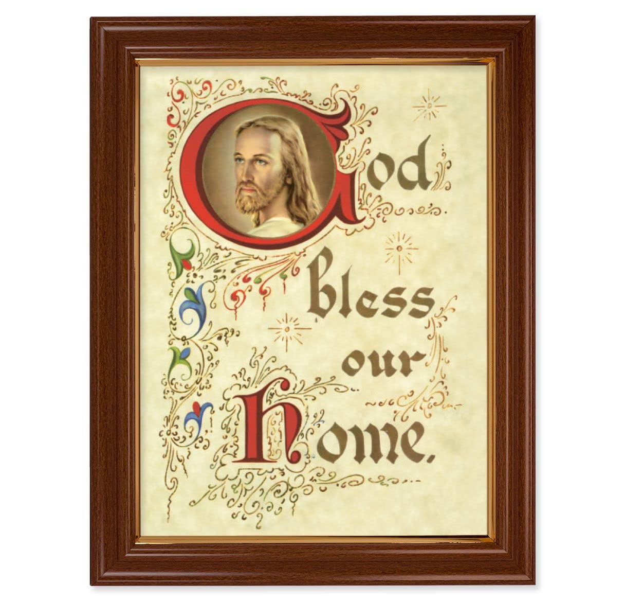 God Bless Our Home Picture, 15-1/2"x19-1/2 Walnut Finish Frame with Thin Gold Lip, Textured Italian Print # 22253