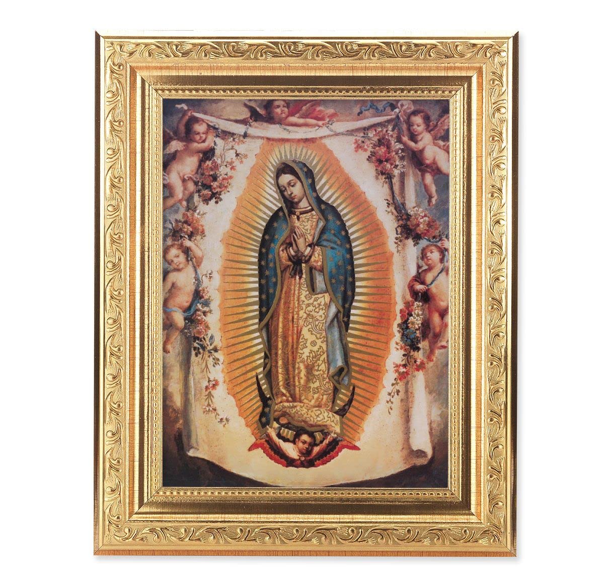 Our Lady of Guadalupe with Angels Picture, 8-1/4"x10-1/4 Gold-Leaf Finish Acanthus Leaf Detail Under Glass # 27699