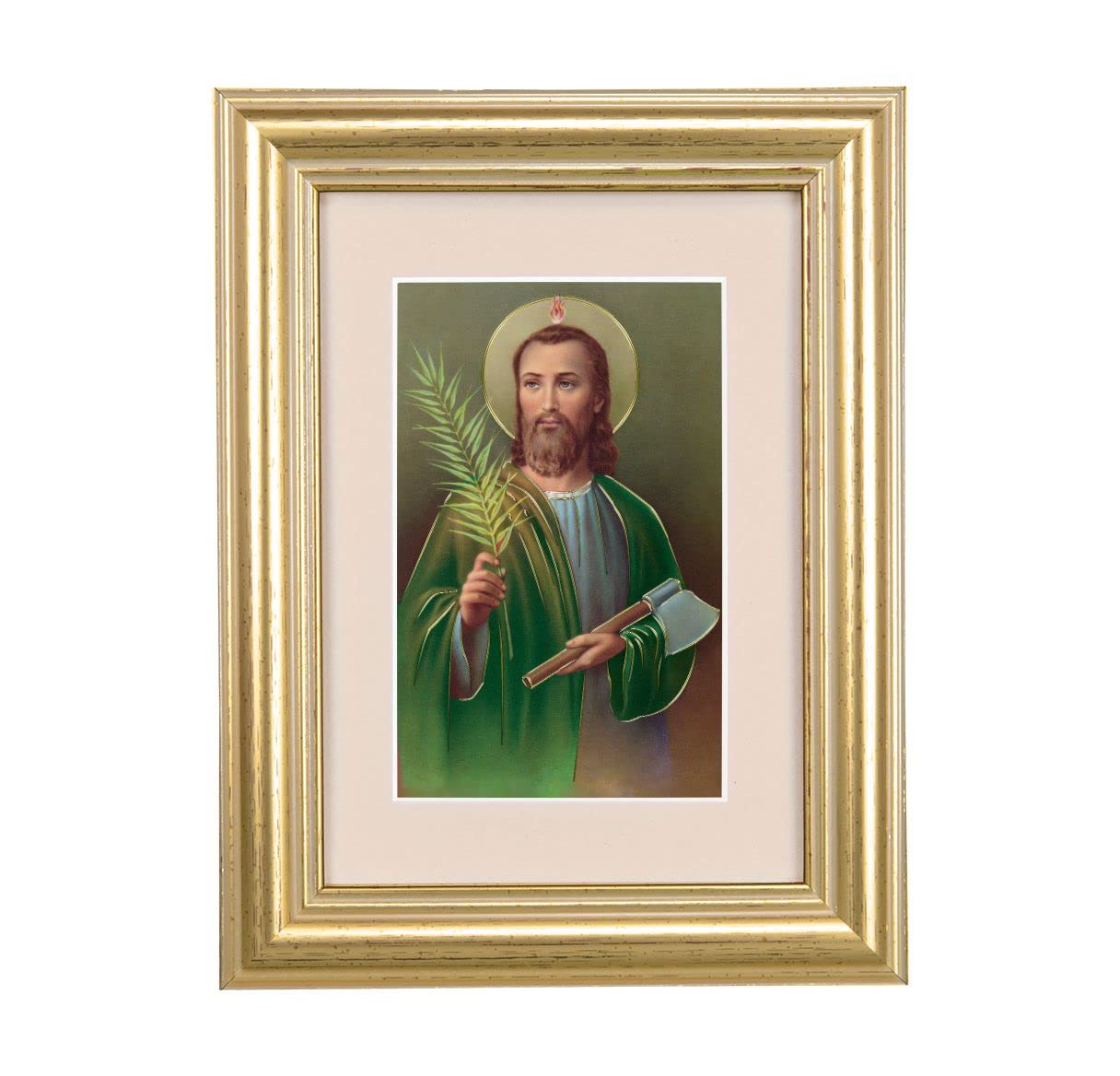 St. Jude with Axe Picture, 5"x6.5" Antique Gold Fluted Frame, Behind Cream Velvet Matting # 28243