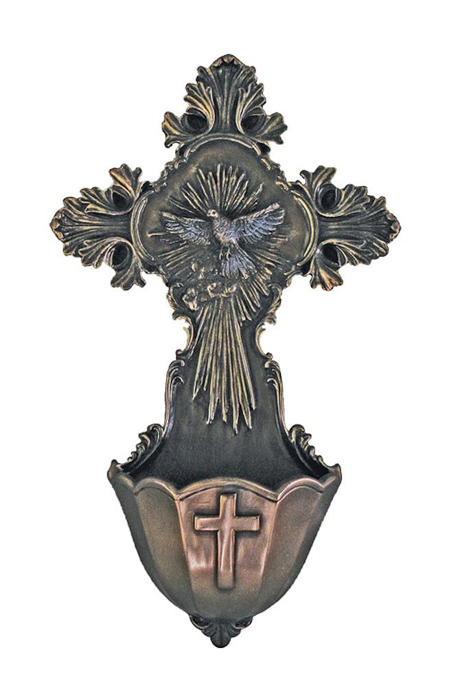 6" Cold Cast Bronzed Resin Ornate Holy Spirit Water Font, # 21979