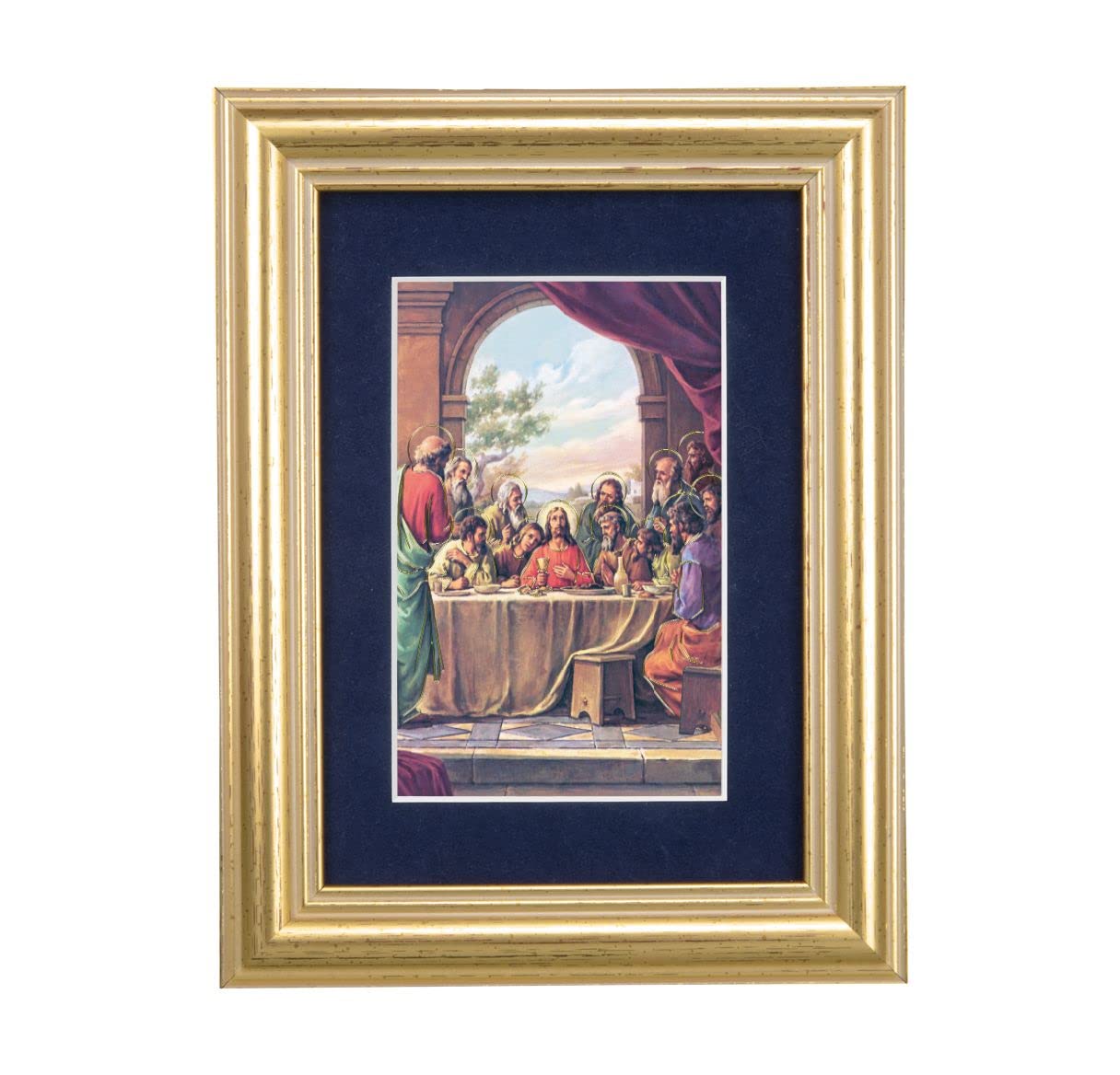 Last Supper Picture, 5"x6.5" Antique Gold Fluted Frame, Behind Blue Velvet Matting # 28280
