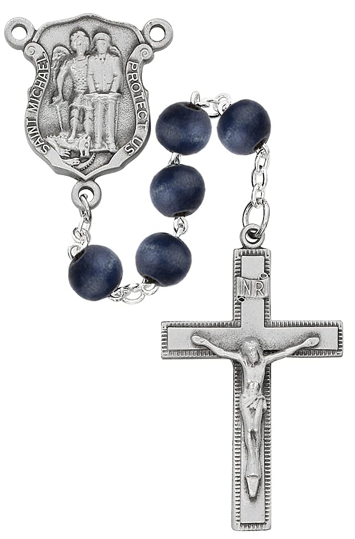 St. Michael/Police Rosary, 8mm Blue Wood Beads, Pewter Center and 1-3/4" Crucifix # 21235