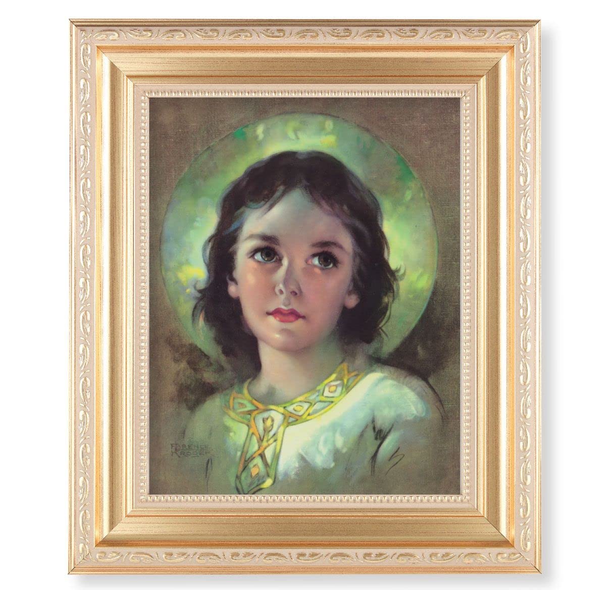 The Child Jesus Picture, 11.5"x13.5" Satin Gold Frame, Distressed Finish with Scrollwork, Italian Print Under Glass # 26547
