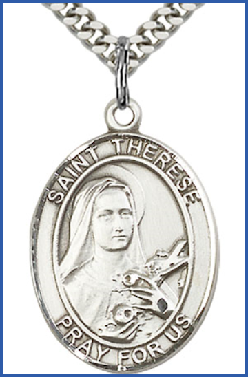 Sterling Silver Medal, 1"x3/4", St. Therese of Lisieux, Your Choice of Chain, # 91855