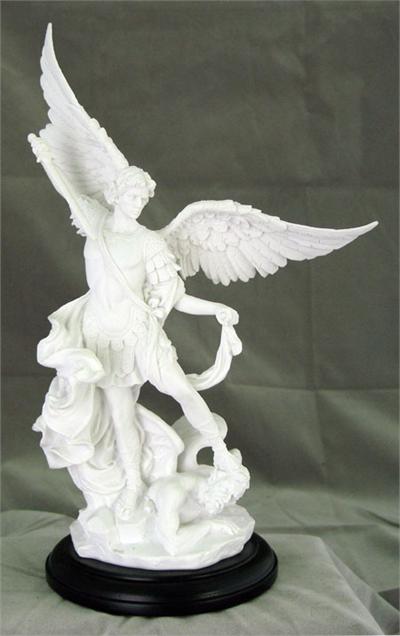Saint Michael White Resin Statue, Black Wood Base, 11", 92057