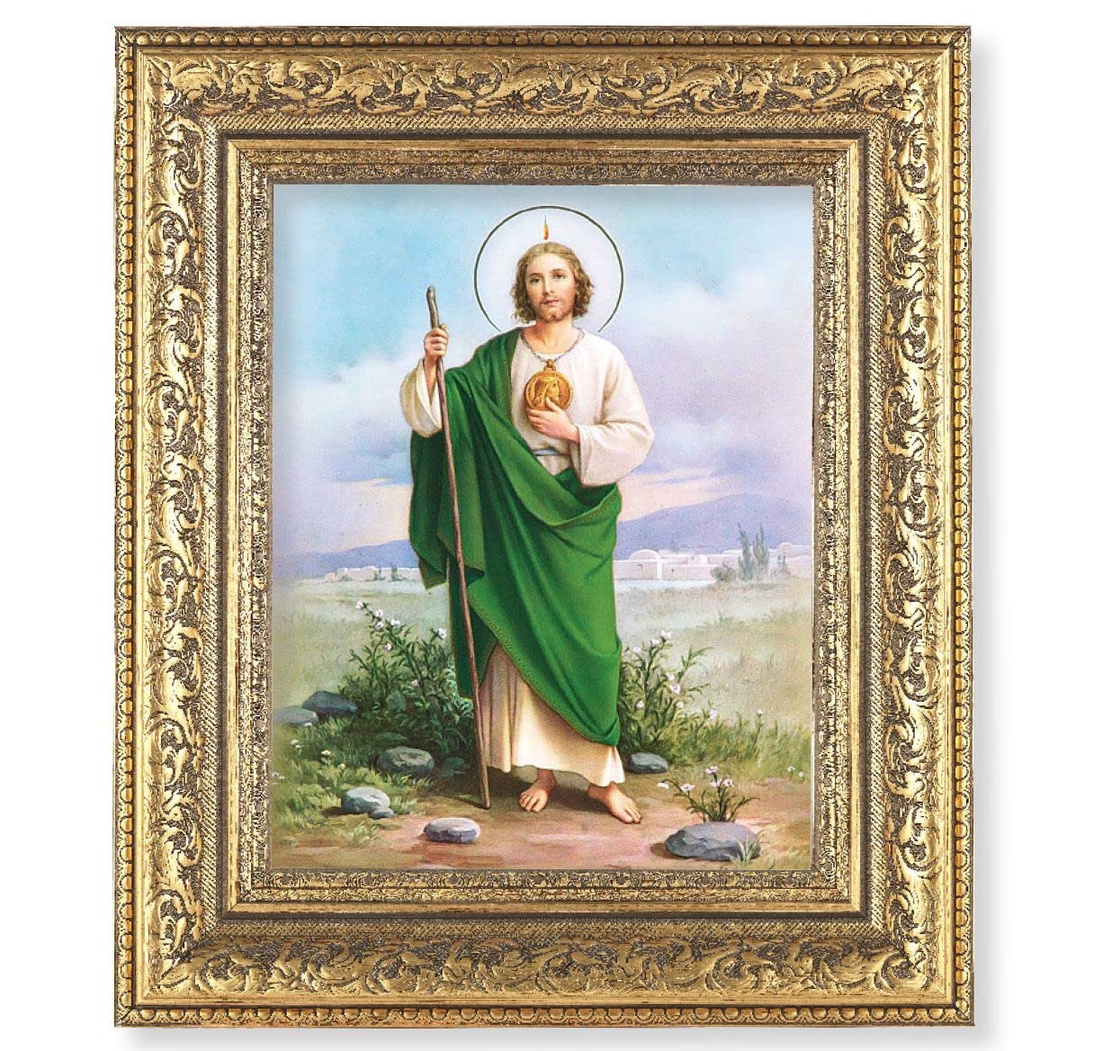 St. Jude Picture, 12-1/2"x14-1/2, Antique Gold Leaf Carvings Ornate Frame, Italian Print Under Glass # 25515