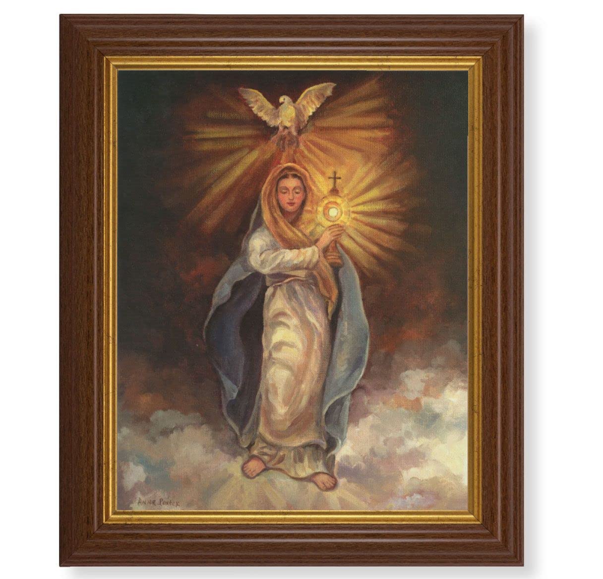Mary with Monstrance, 10.5"x12.5" Walnut Finished Fluted Frame, Gold Beaded Lip, Italian Print # 27095