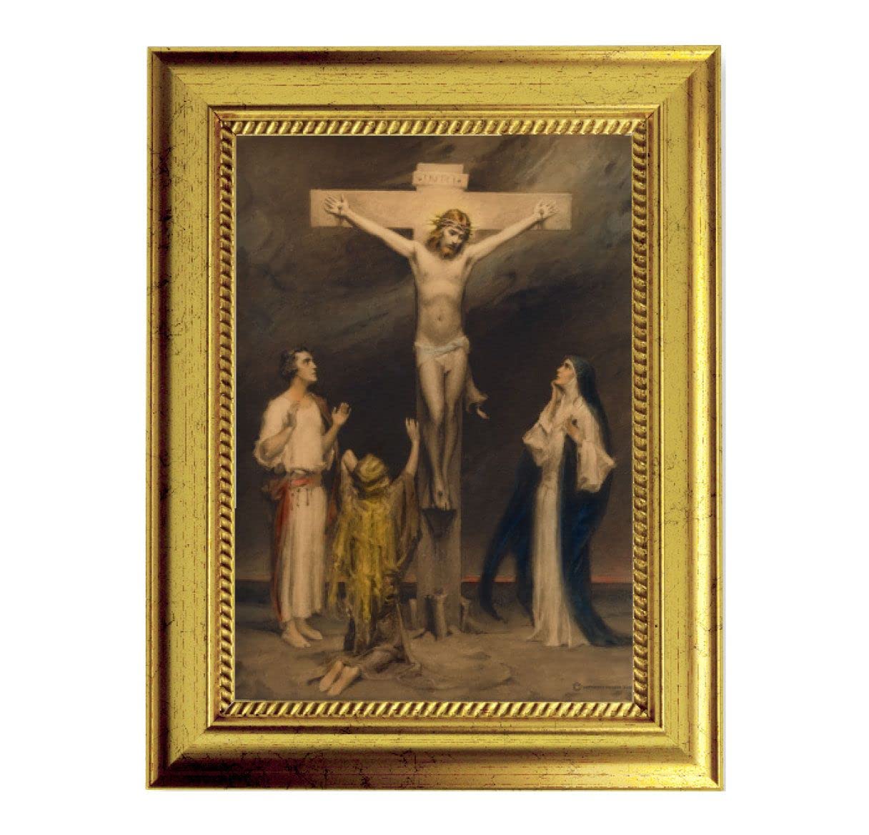 Chambers: The Crucifixion 6-3/4"x8-3/4 Antique Gold Frame with Rope Detail Lip, Textured # 28016