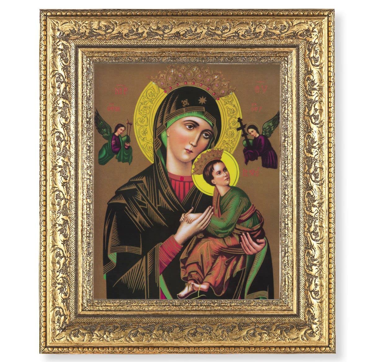 Our Lady of Perpetual Help Picture, 12-1/2"x14-1/2, Antique Gold Leaf Carvings Ornate Frame, Italian Print Under Glass # 25468
