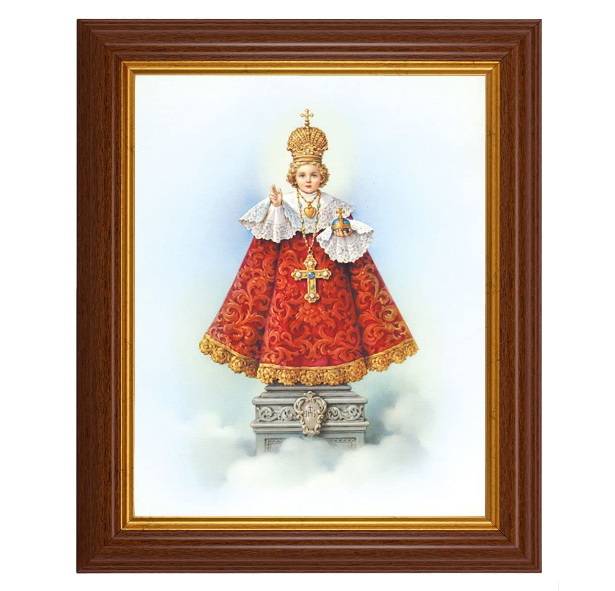Infant of Prague, 10.5"x12.5" Walnut Finished Fluted Frame, Gold Beaded Lip, Italian Print # 26949
