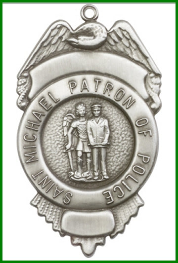 Keychain, Silver Oxide Finish, St. Michael / Police, 2-3/4" tall, # 95063