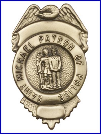 Visor Clip, Gold Oxide Finish, St. Michael / Police, 2-1/2" tall, # 95068