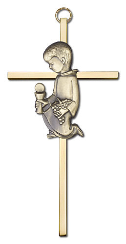 6" First Communion Boy Cross, Gold-Tone Figure on Polished Brass, # 95164
