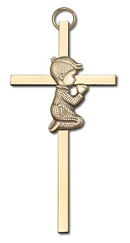4" Praying Boy Cross, Gold Figure on Polished Brass Cross, # 95177