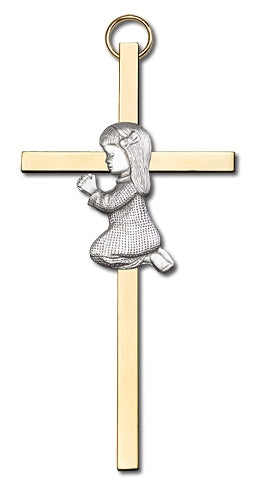 4" Praying Girl Cross, Silver Figure on Polished Brass Cross, # 95180
