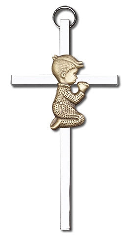 4" Praying Boy Cross, Gold Figure on Nickel Plated Cross, # 95181